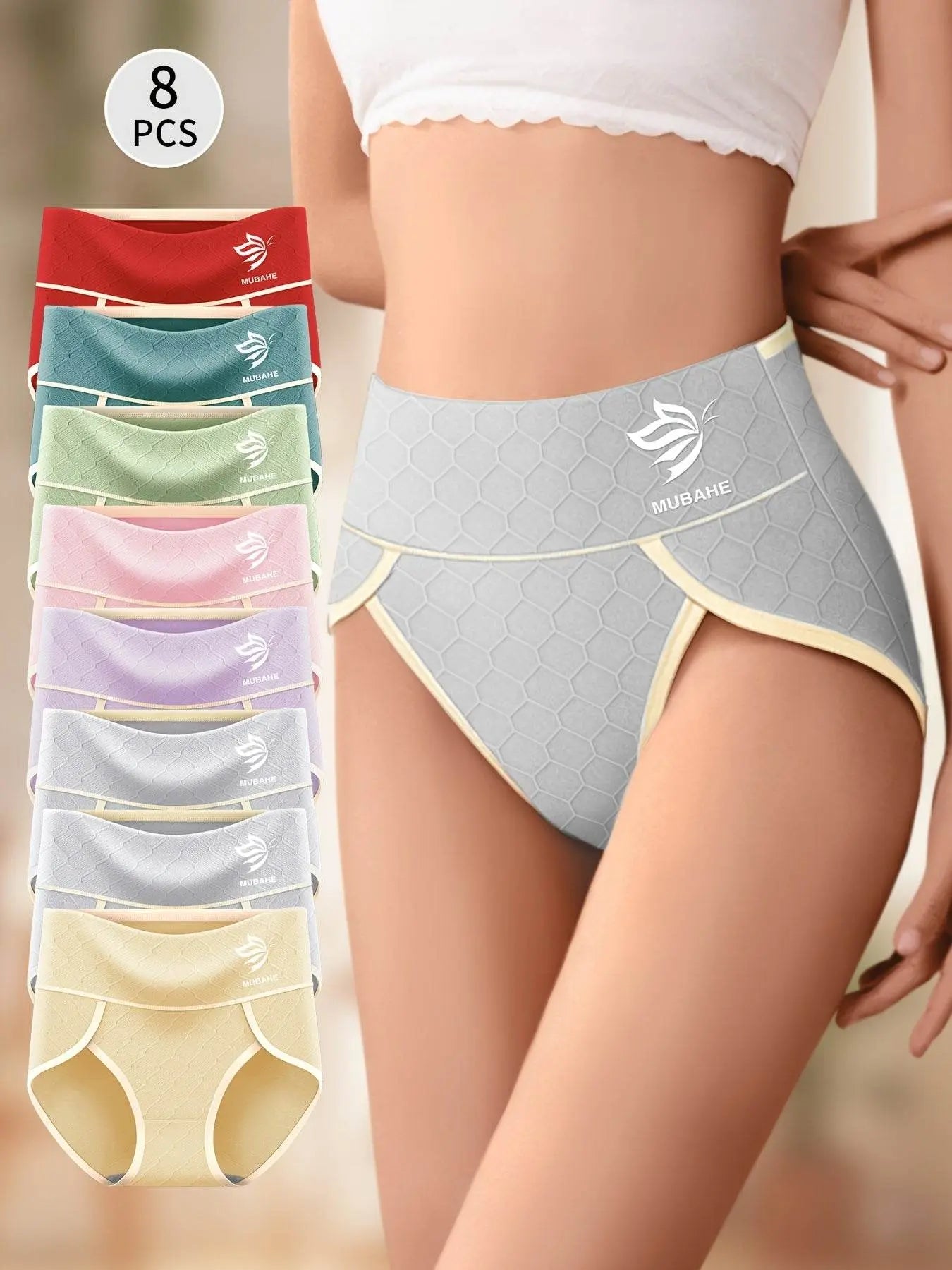 8 Pieces Cotton High-Waist Sexy Breathable Stretch Briefs - IVORYNN