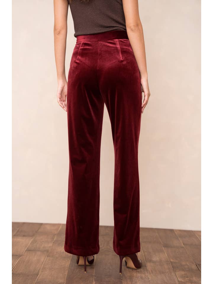 Elegant High-Waisted Straight-Cut Velvet Trousers with Side Pockets, Button Closure