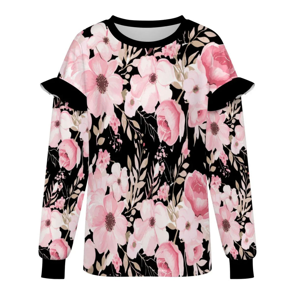Plus Size Solid Floral Ruffled Shoulder Sweatshirt