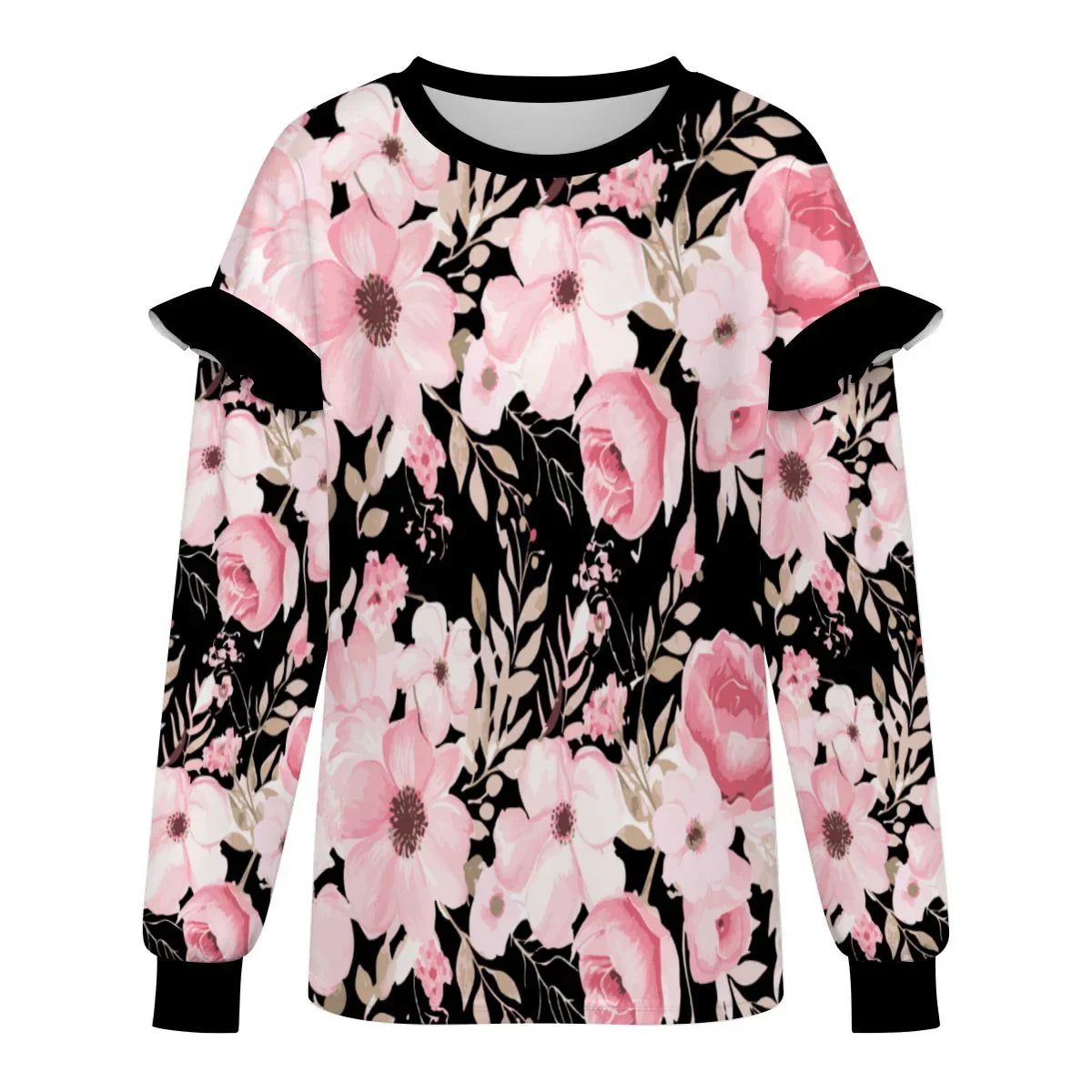 Plus Size Solid Floral Ruffled Shoulder Sweatshirt