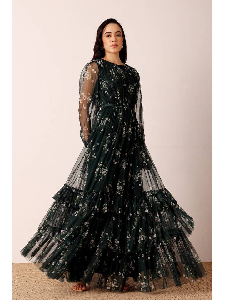 Elegant Emerald Floral Long Sleeve Maxi Dress | Pleated Tulle Gown for Special Occasions