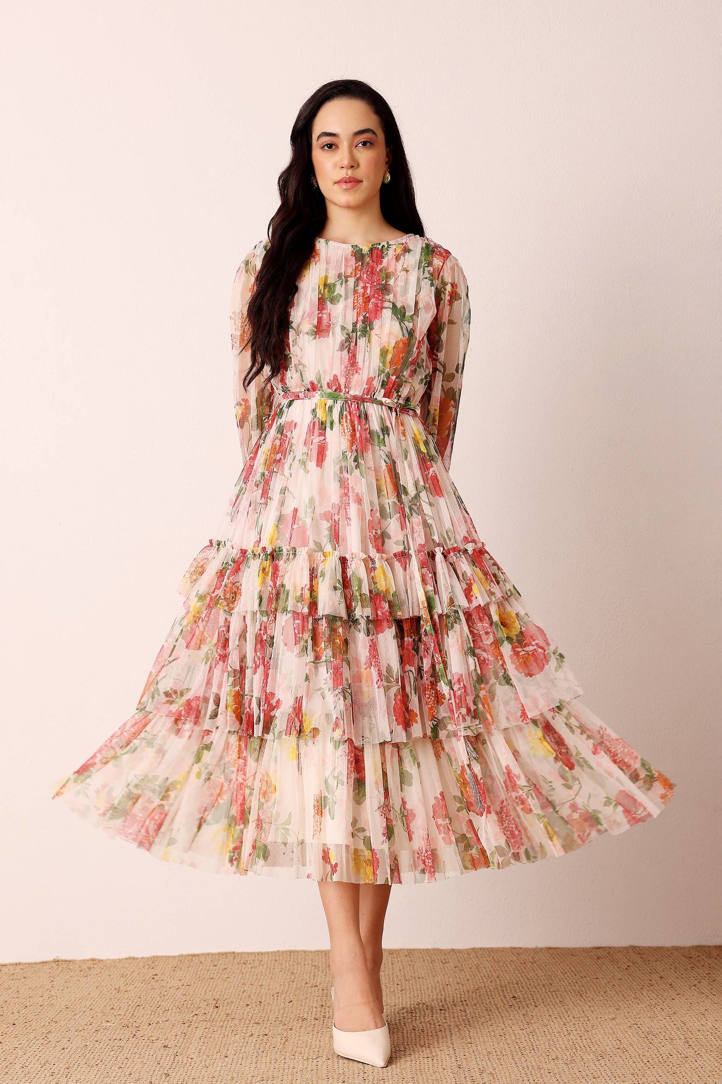 Elegant Cream Floral Midi Dress with Sheer Sleeves and Tie Belt for Women