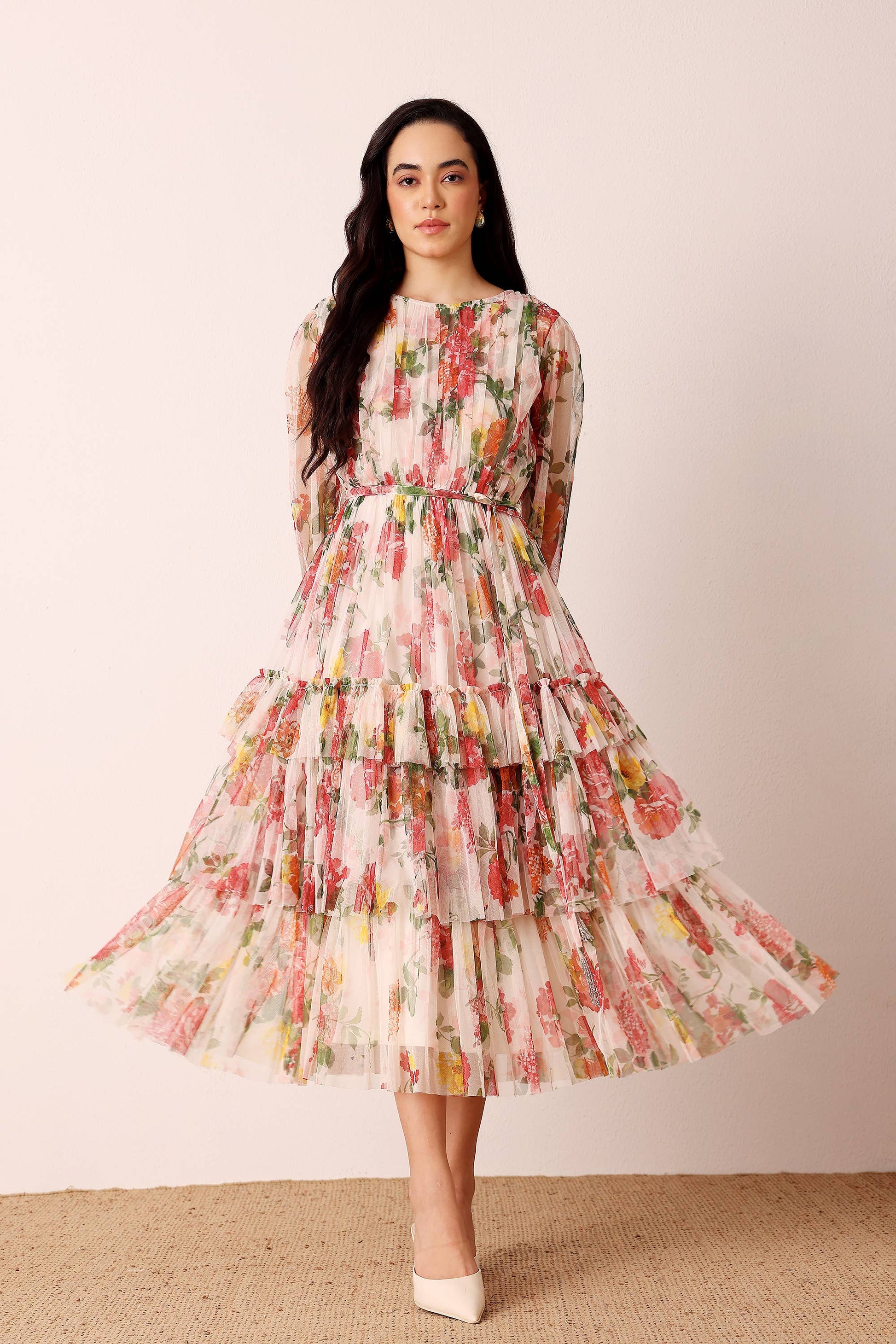 Elegant Cream Floral Midi Dress with Sheer Sleeves and Tie Belt for Women
