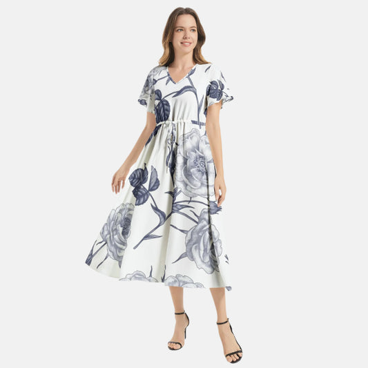 Floral Flutter Sleeve Drawstring Waist Flared Dress
