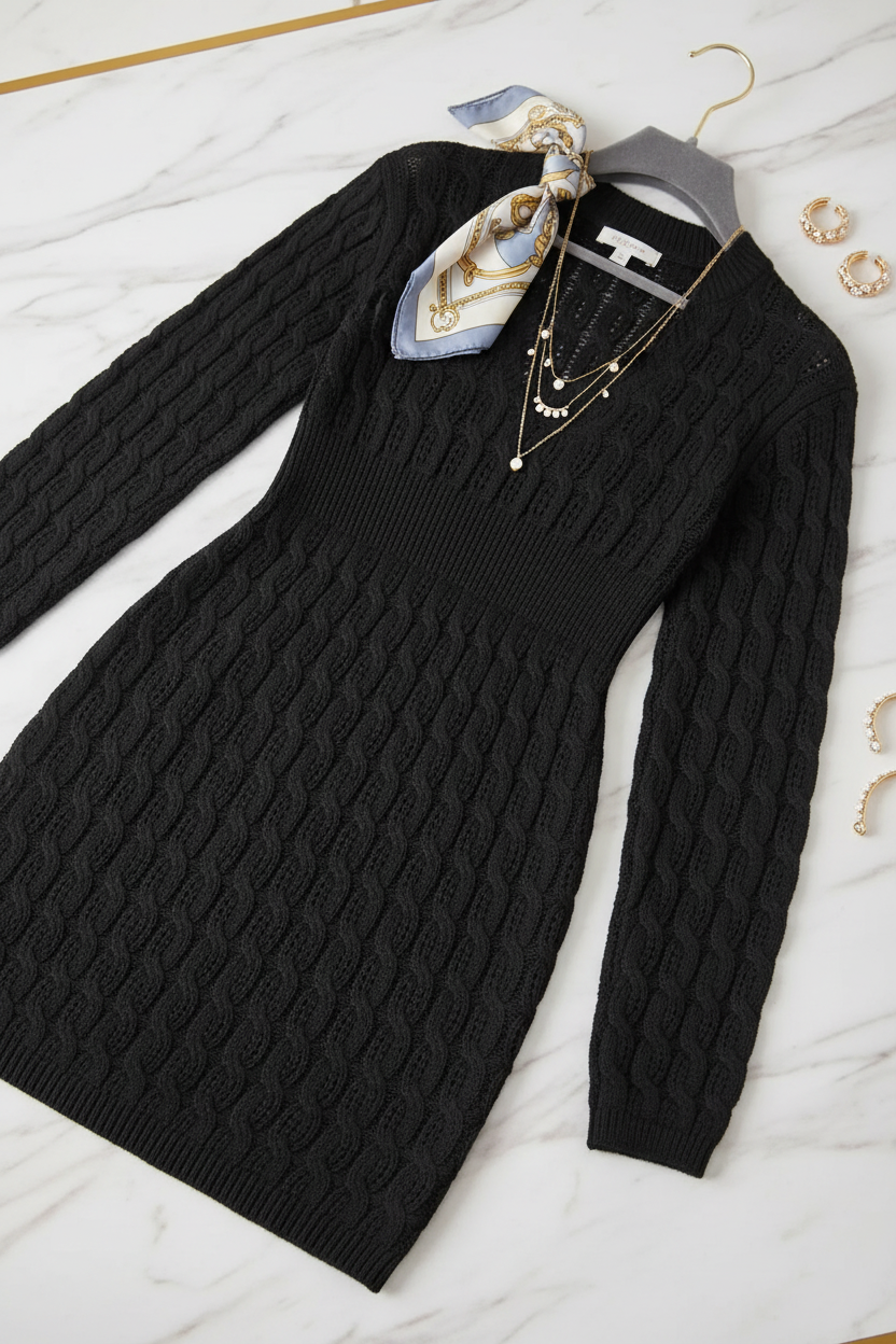 Cable-Knit Openwork Black Sweater Dress