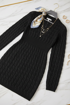 Cable-Knit Openwork Black Sweater Dress