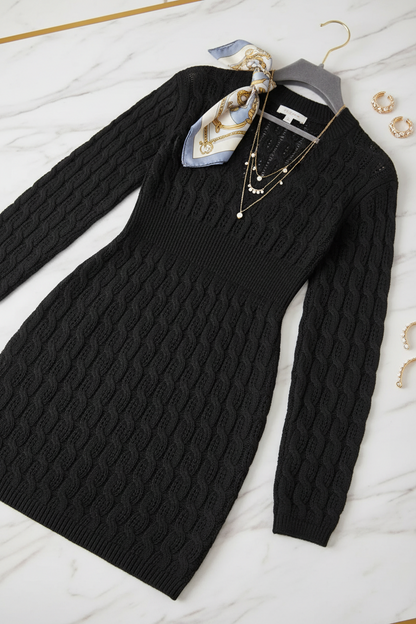 Cable-Knit Openwork Black Sweater Dress