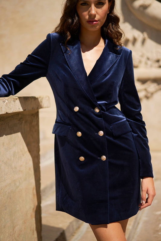 Luxurious Velvet Long-Sleeve Double-Breasted Dress Jacket with Gold Buttons V2020N