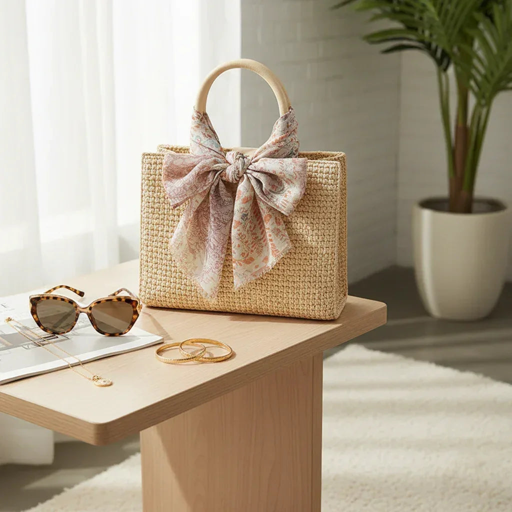 الشال مربوط بأناقة على حقيبة القش