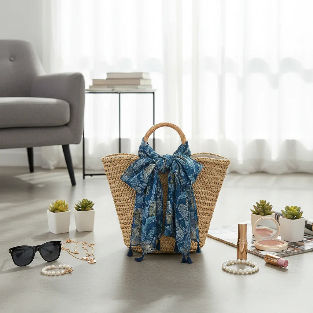 وشاح على حقيبة قش