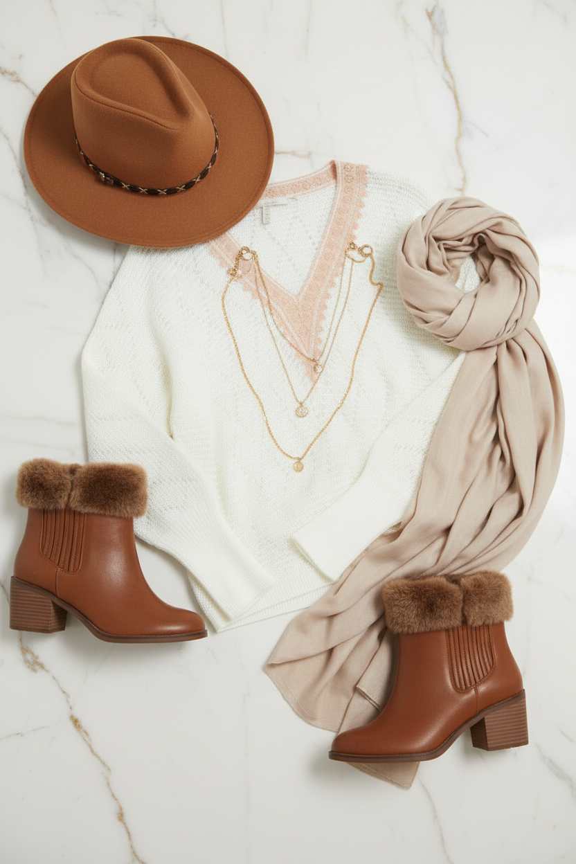 السويتر الأبيض مع إكسسوارات بنية - تفاصيل