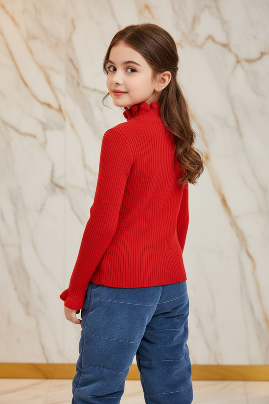 سويتر أحمر مبطن مع بنطال جينز - خلفي