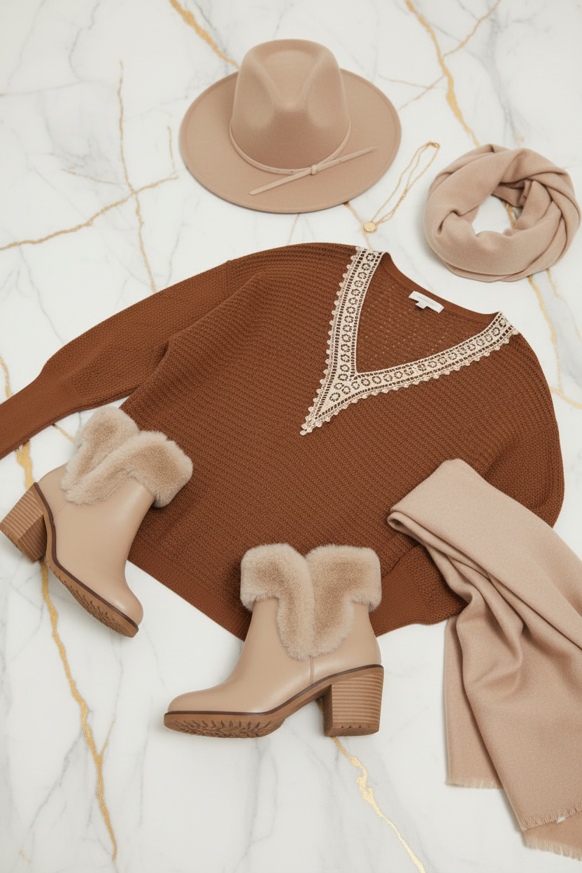 السويتر البني مع إكسسوارات بيج - زاوية مائلة