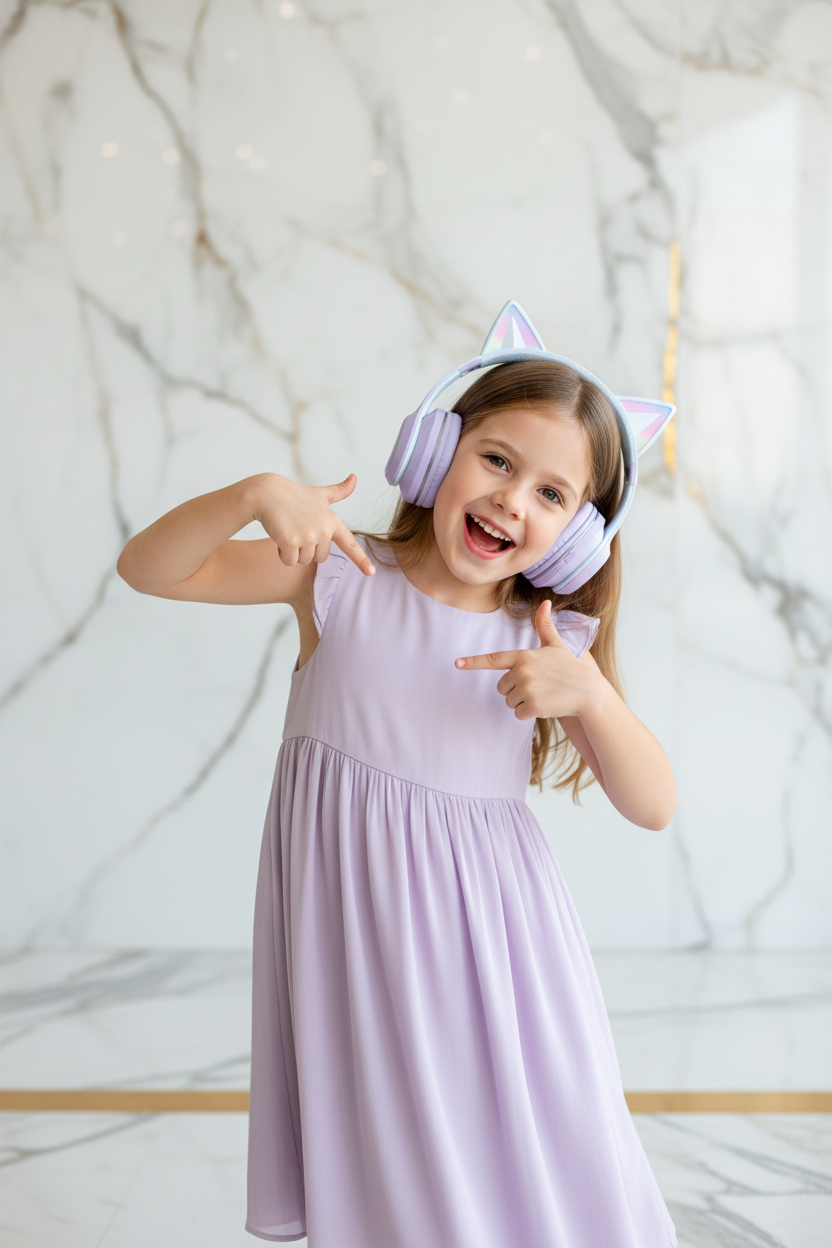 طفلة ترتدي السماعة البنفسجية