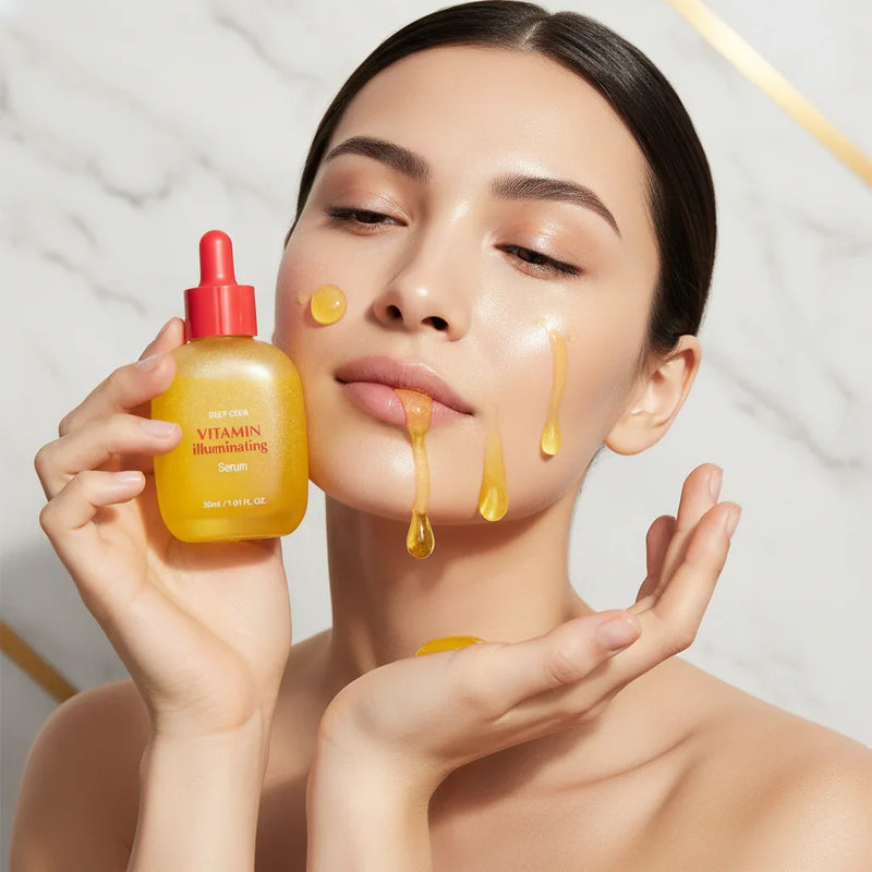 امرأة تضع قطرات السيروم الذهبي - خلفية رخامية