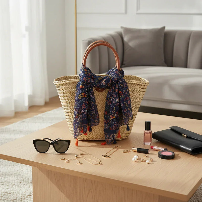 وشاح على حقيبة قش