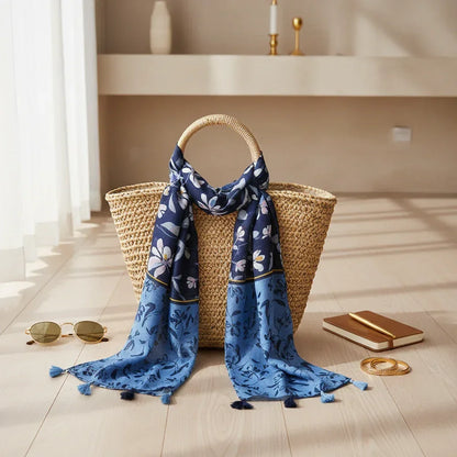 وشاح على حقيبة قش