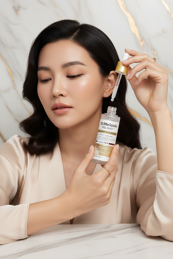 امرأة تمسك المنتج بالقرب من وجهها