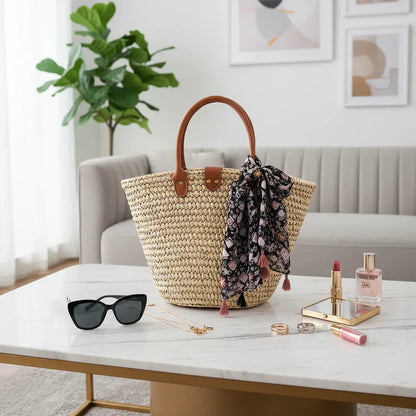 وشاح على حقيبة قش