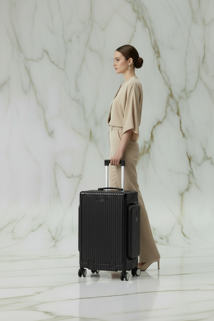 امرأة بزي بيج مع الحقيبة السوداء