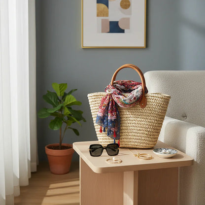 الشال مربوط بأناقة على حقيبة القش