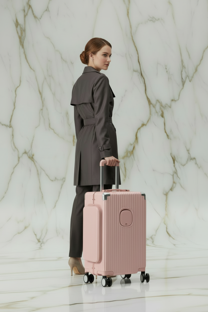 امرأة مع الحقيبة الوردية الفاتحة