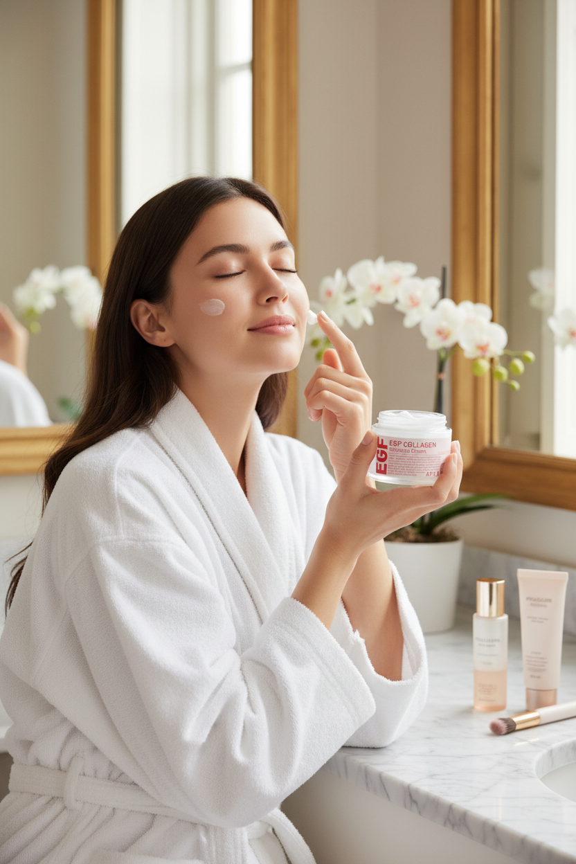 امرأة بروب أبيض تستخدم الكريم