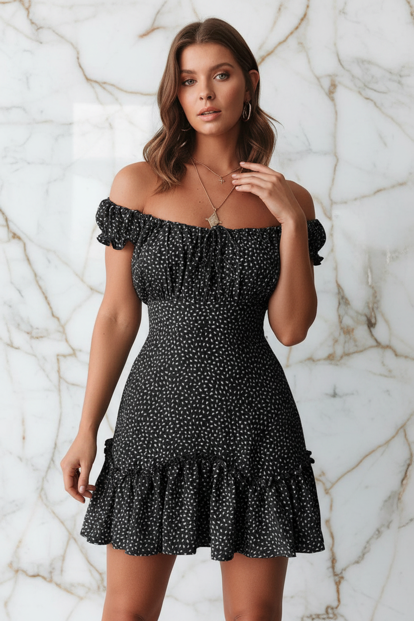 فستان أسود منقط - أمامي أنيق