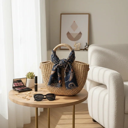 وشاح على حقيبة قش