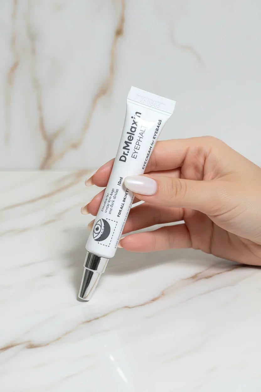 يد أنثوية تمسك كريم العين بأناقة