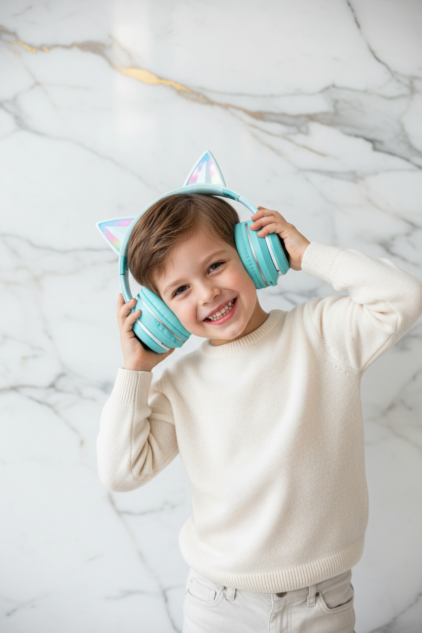 طفل يرتدي السماعة الفيروزية