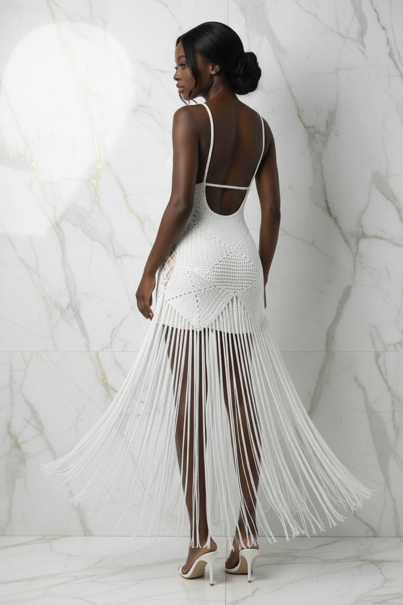 فستان كروشيه أبيض مع عارضة - منظر خلفي