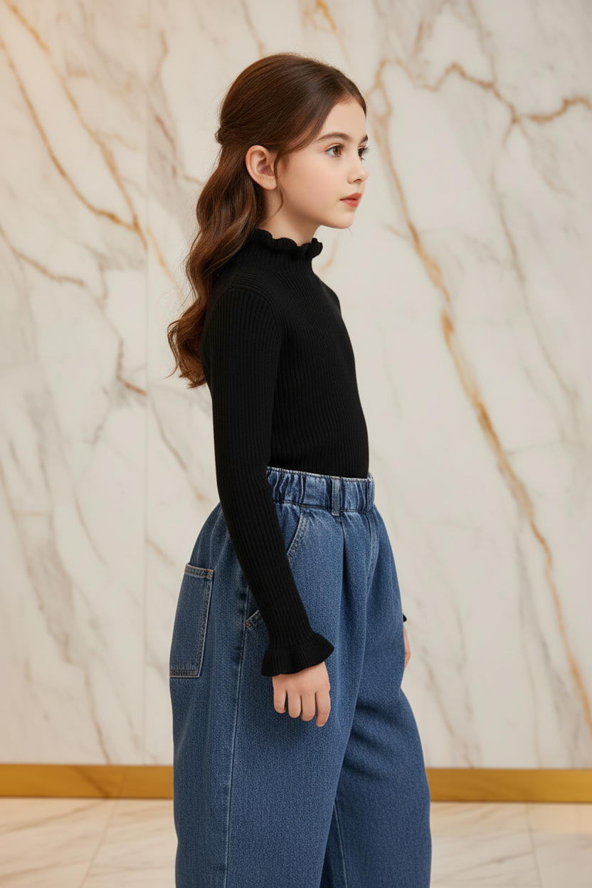 سويتر أسود مبطن مع بنطال جينز - جانبي أيمن