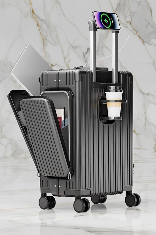 الحقيبة الرمادية على خلفية رخامية