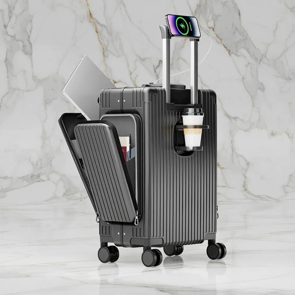 الحقيبة الرمادية على خلفية رخامية