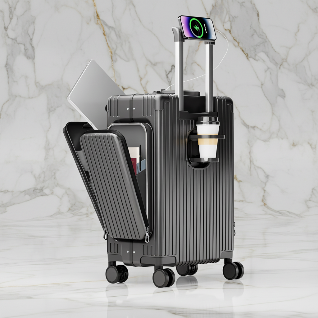 الحقيبة الرمادية على خلفية رخامية