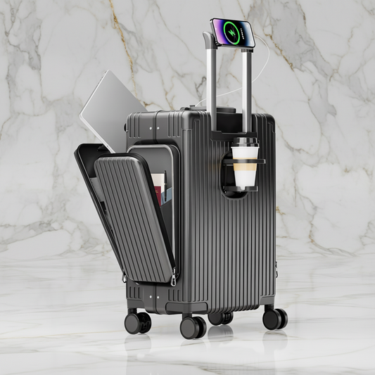 الحقيبة الرمادية على خلفية رخامية