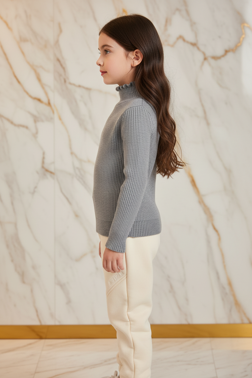 سويتر رمادي مبطن مع بنطال بيج - جانبي أيمن
