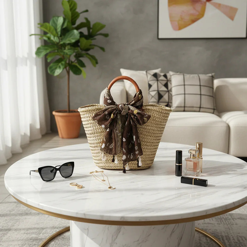 وشاح على حقيبة قش