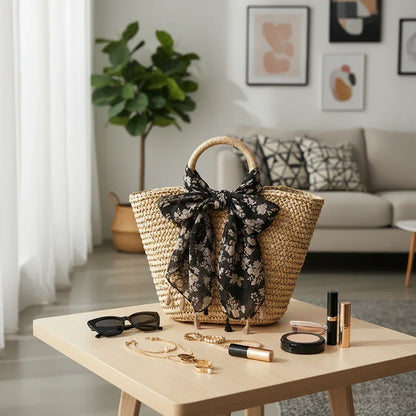 وشاح على حقيبة قش