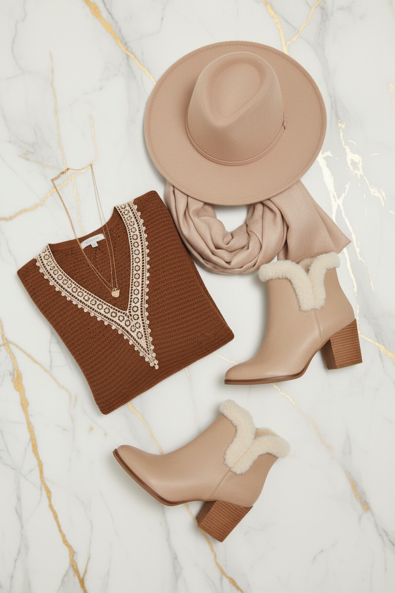 السويتر البني مع إكسسوارات بيج - تكوين فني