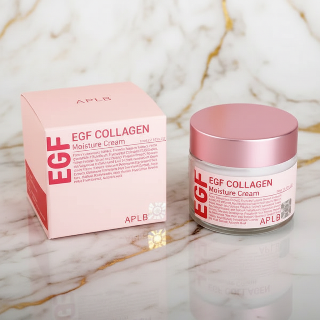 كريم الكولاجين مع العلبة جنباً إلى جنب على رخام