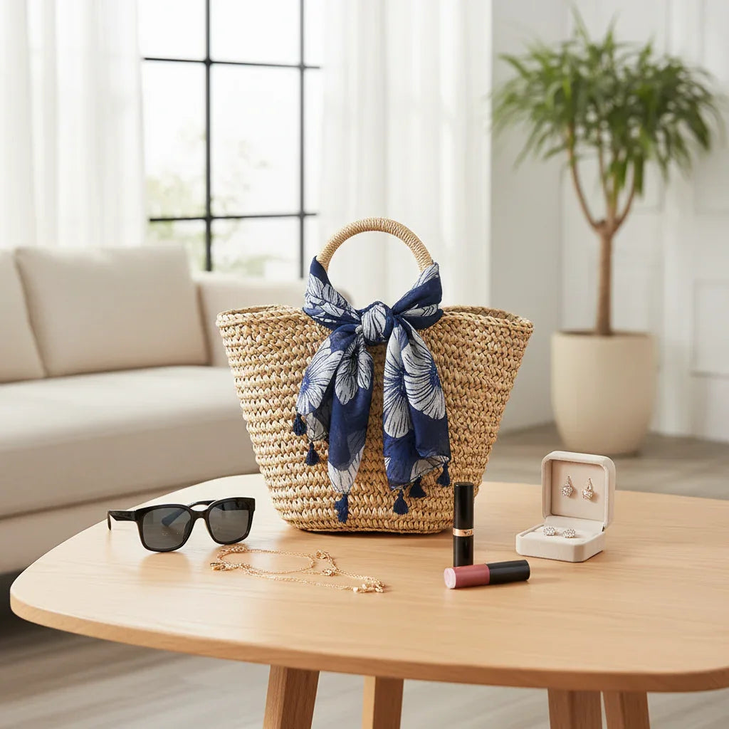 وشاح على حقيبة قش