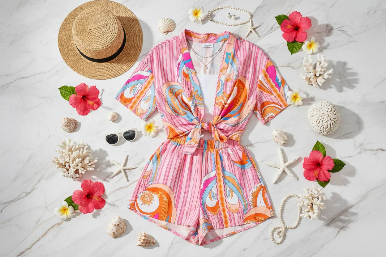 طقم صيفي على رخام أبيض وذهبي مع إكسسوارات الشاطئ