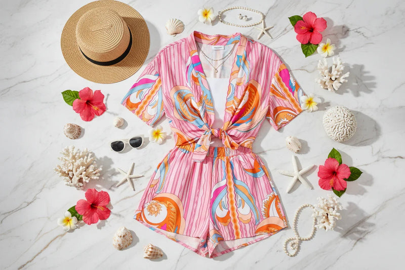 طقم صيفي على رخام أبيض وذهبي مع إكسسوارات الشاطئ