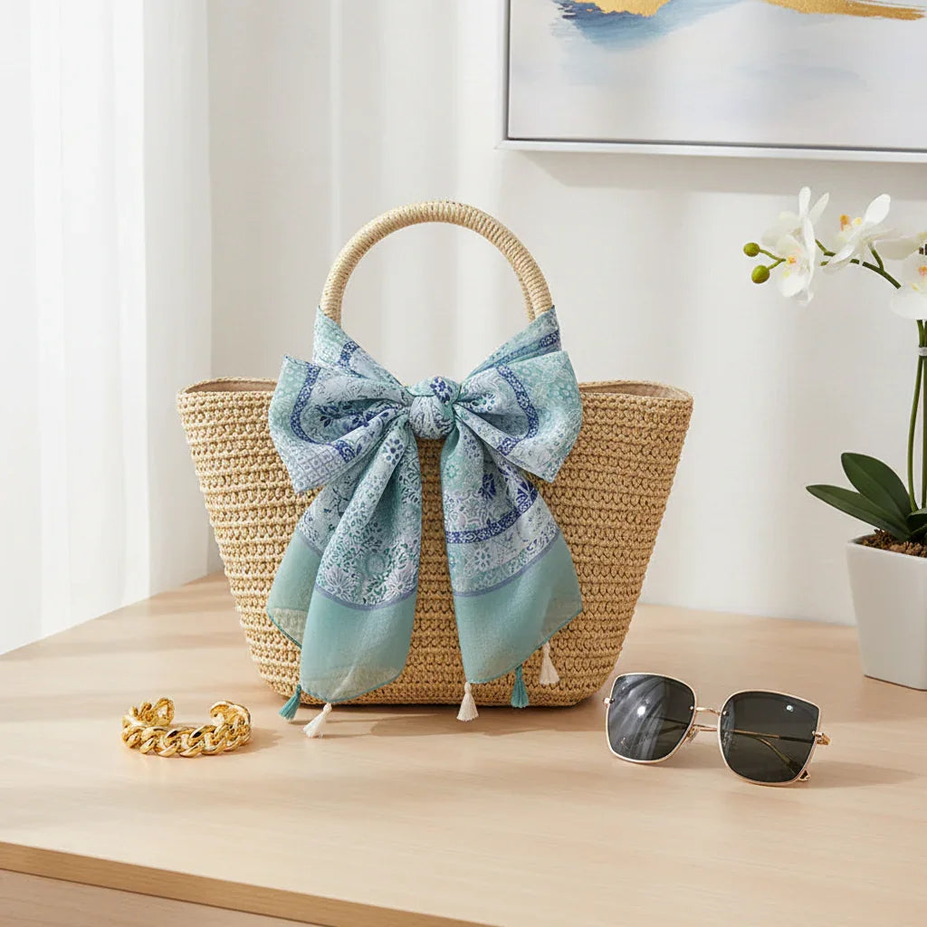 الشال مربوط كفيونكة على الحقيبة