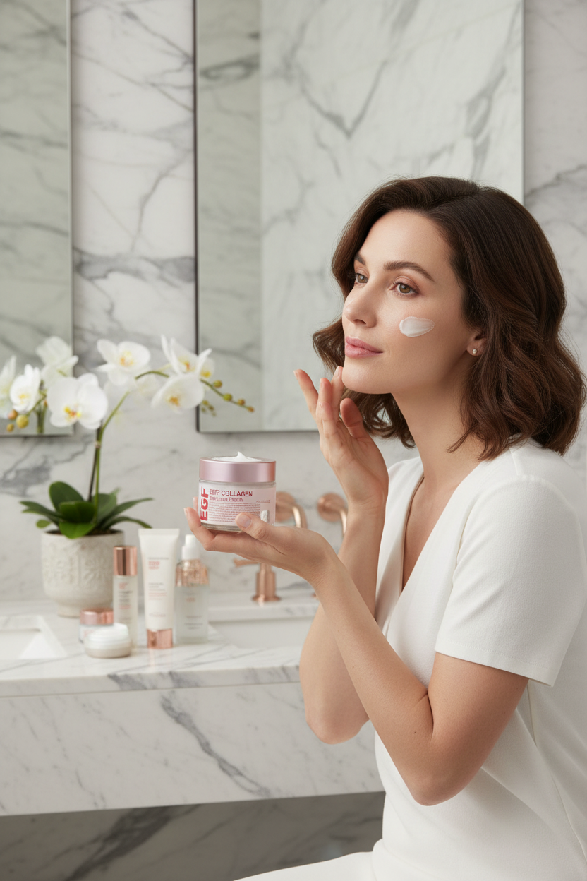 امرأة تستخدم كريم الكولاجين
