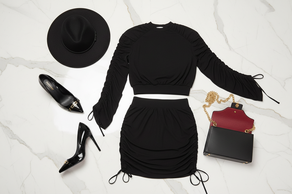 الطقم مع حذاء وقبعة وحقيبة