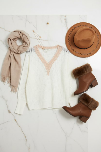 السويتر الأبيض مع إكسسوارات بنية - جانبي