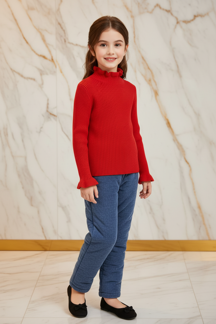 سويتر أحمر مبطن مع بنطال جينز - أمامي